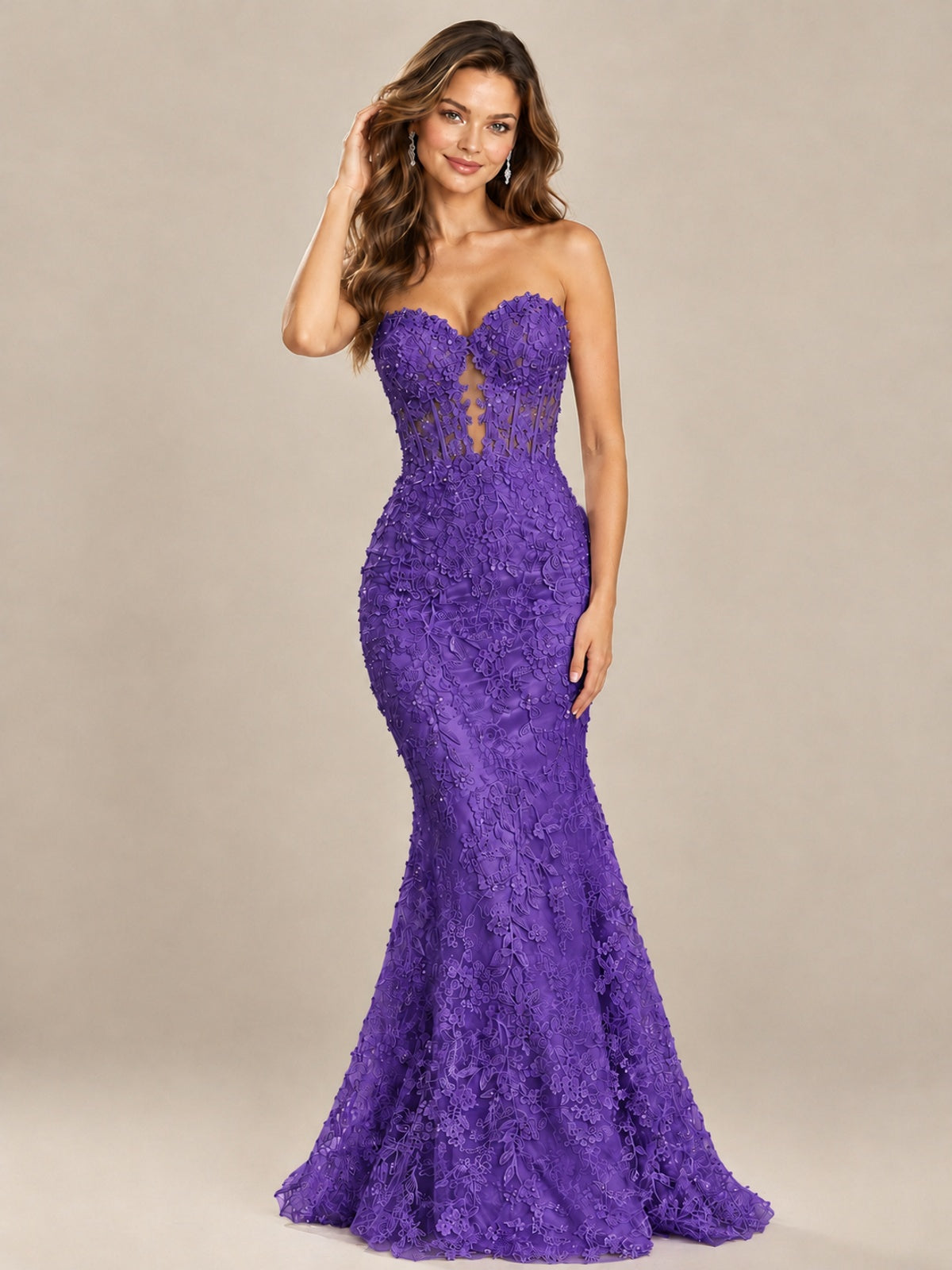 Strapless Corset Mermaid Prom Dress with Floral Lace Appliqué