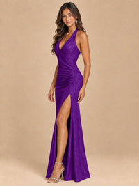 Halter V-Neck Sequin Mermaid Prom Dress with High Slit