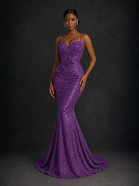 Sequin Mermaid Prom Dress with Floral Applique