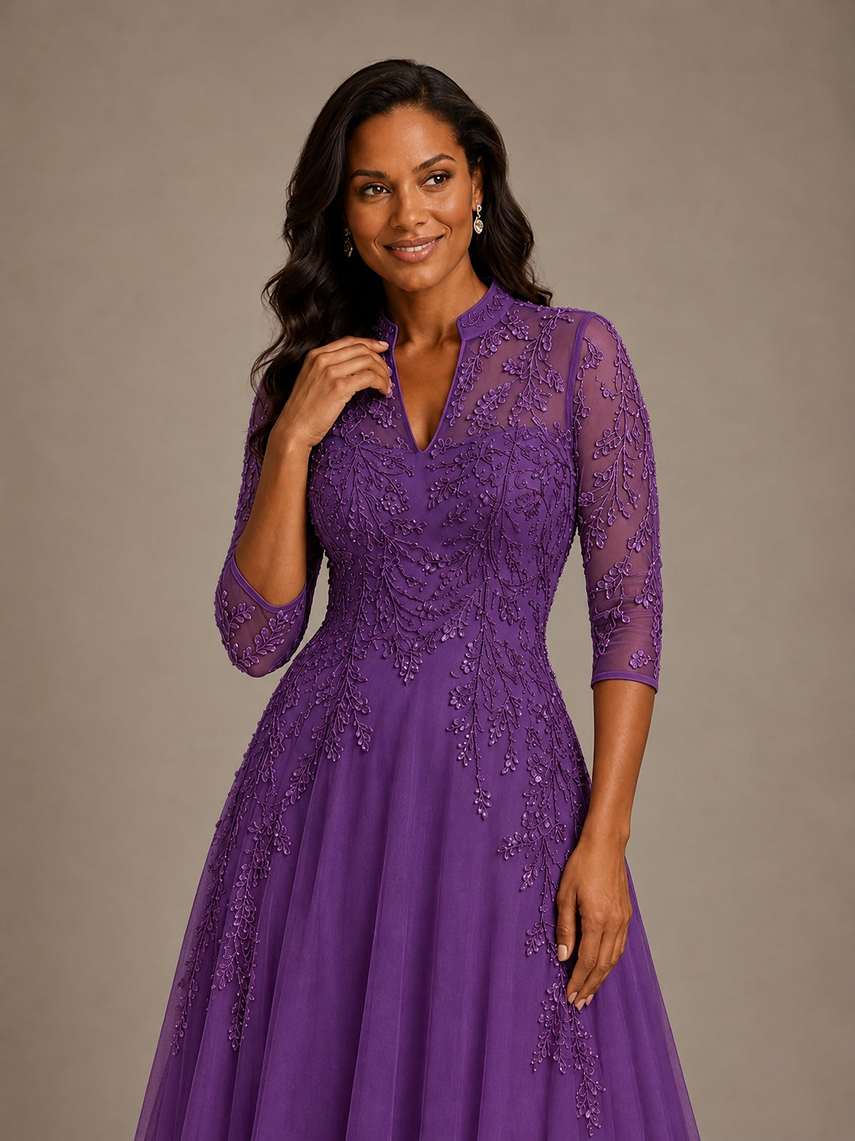 Embellished Appliques Mother of the Bride Dress with 3/4 Sleeves