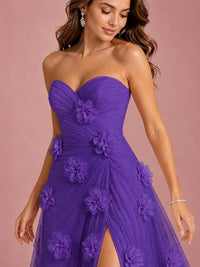 3D Floral Applique Strapless Tulle Prom Dress with High Slit