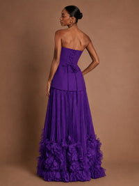 Strapless Pleated Floral Satin Formal Dress with Side Slit