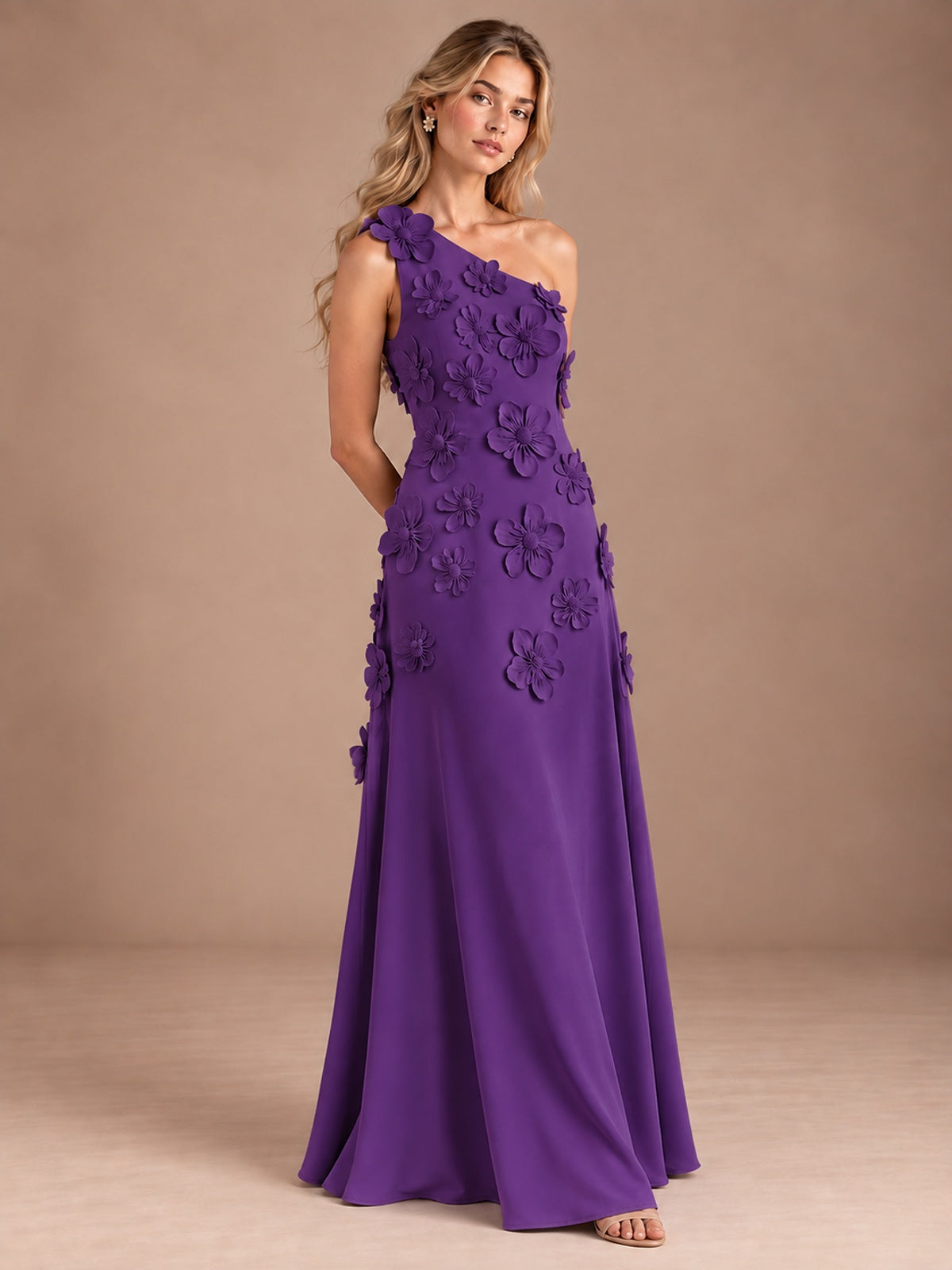 Sage Green One Shoulder Satin Formal Maxi Dress with 3D Floral