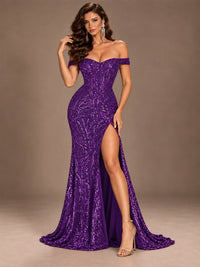 Off the Shoulder Corset Sequin Mermaid Prom Dress with Slit