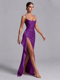 Square Neck Satin Long Prom Dress with Ruffles