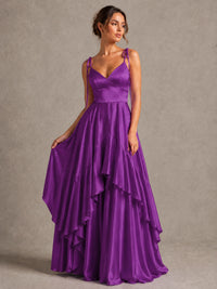 Lavender Satin V-Neck Ruffle Maxi Dress