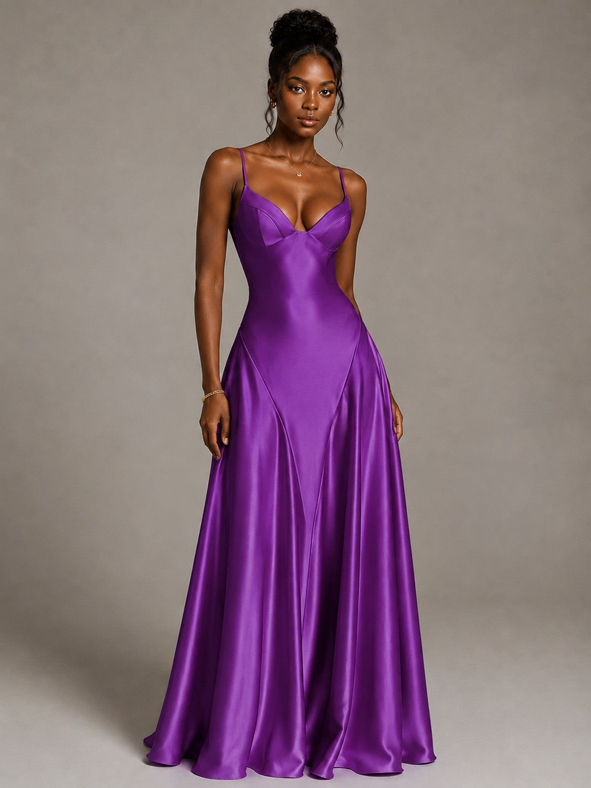 Lavender V Neck Satin Prom Dress with Spaghetti Straps