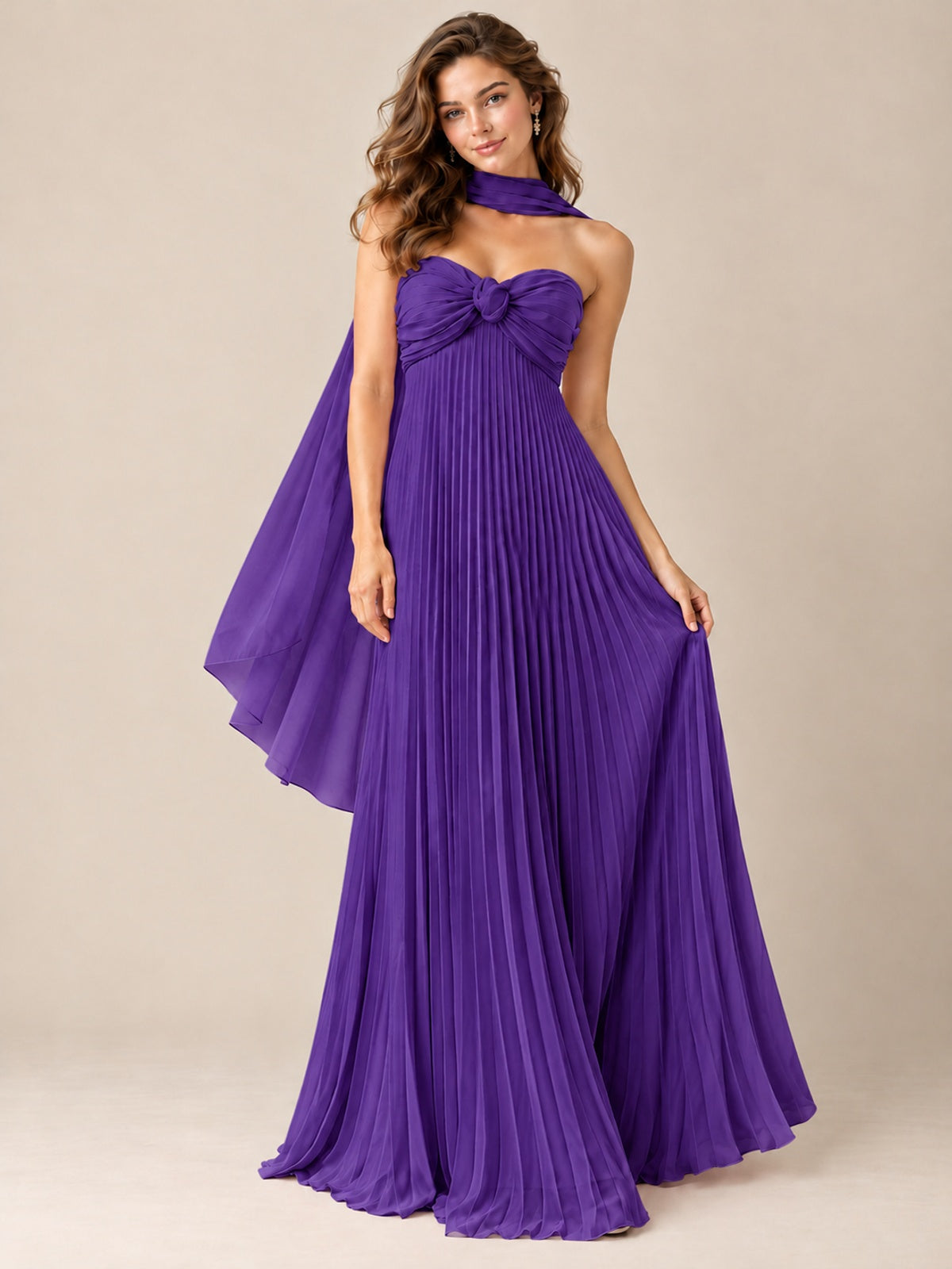 Sweetheart Neckline Pleated Prom Dress Strapless A-line Formal Dress with Flowy Scarf