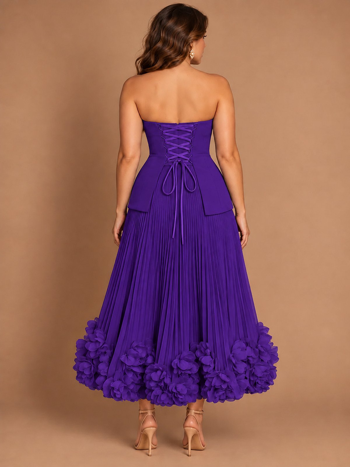 Navy Blue Strapless Pleated A-Line Midi Dress with 3D Floral Applique