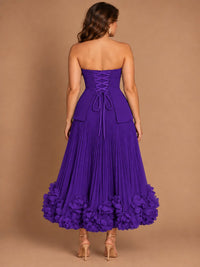 Navy Blue Strapless Pleated A-Line Midi Dress with 3D Floral Applique
