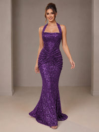 Gold Halter Sequin Mermaid Ruched Prom Dress Long Ruched Evening Gown