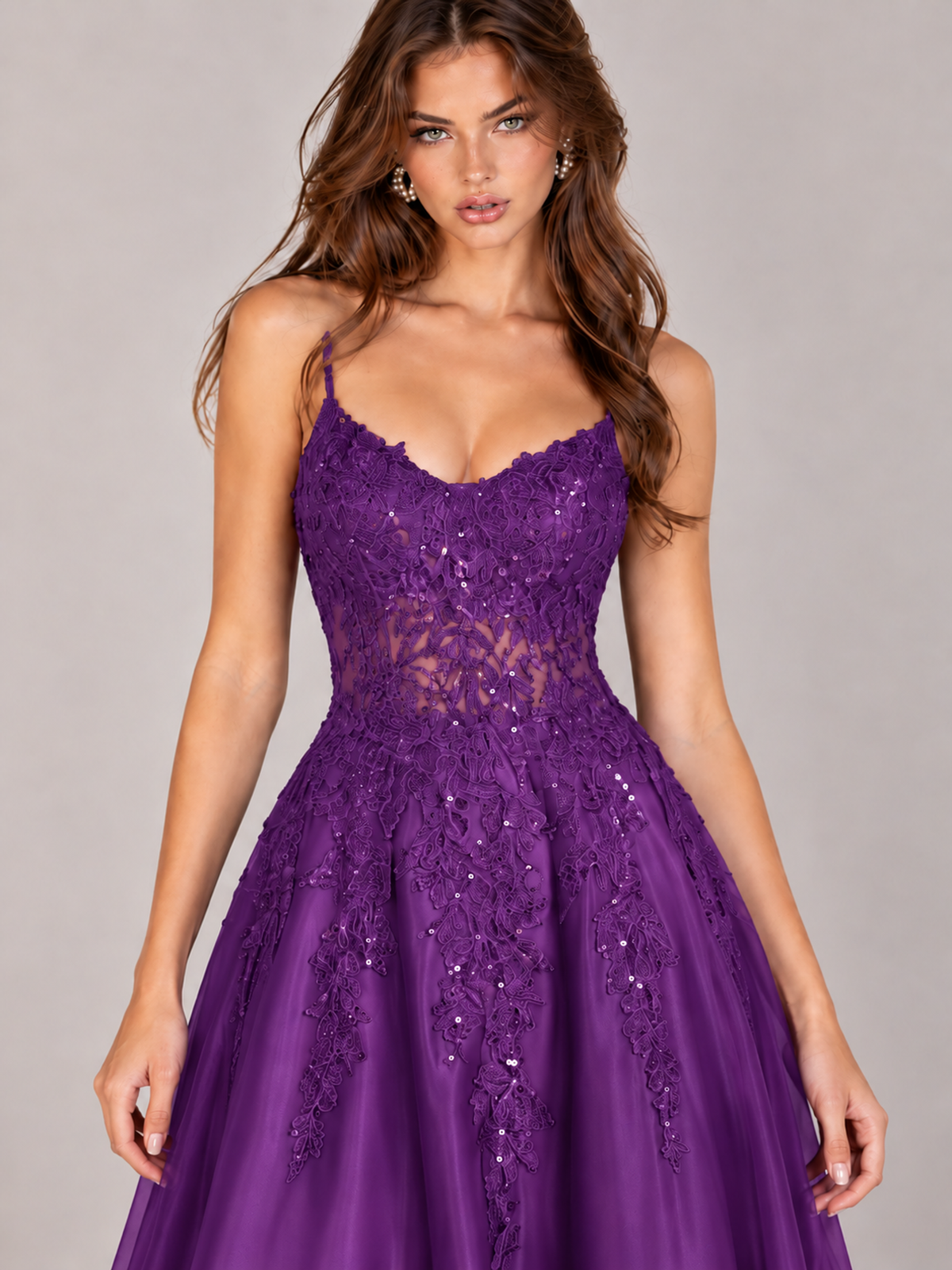 Lace Applique Satin A-Line Prom Dress with Sheer Bodice