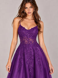Lace Applique Satin A-Line Prom Dress with Sheer Bodice