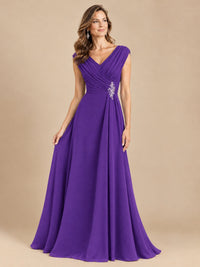 V Neck Pleated Mother of The Bride Dresses with Beading Cap Sleeves