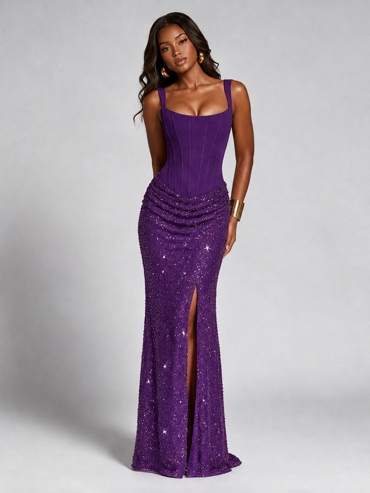 Sequin Corset Mermaid Prom Dress with Square Neck Wide Strap High Slit