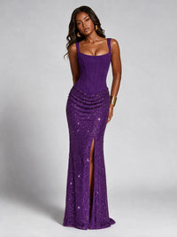Sequin Corset Mermaid Prom Dress with Square Neck Wide Strap High Slit