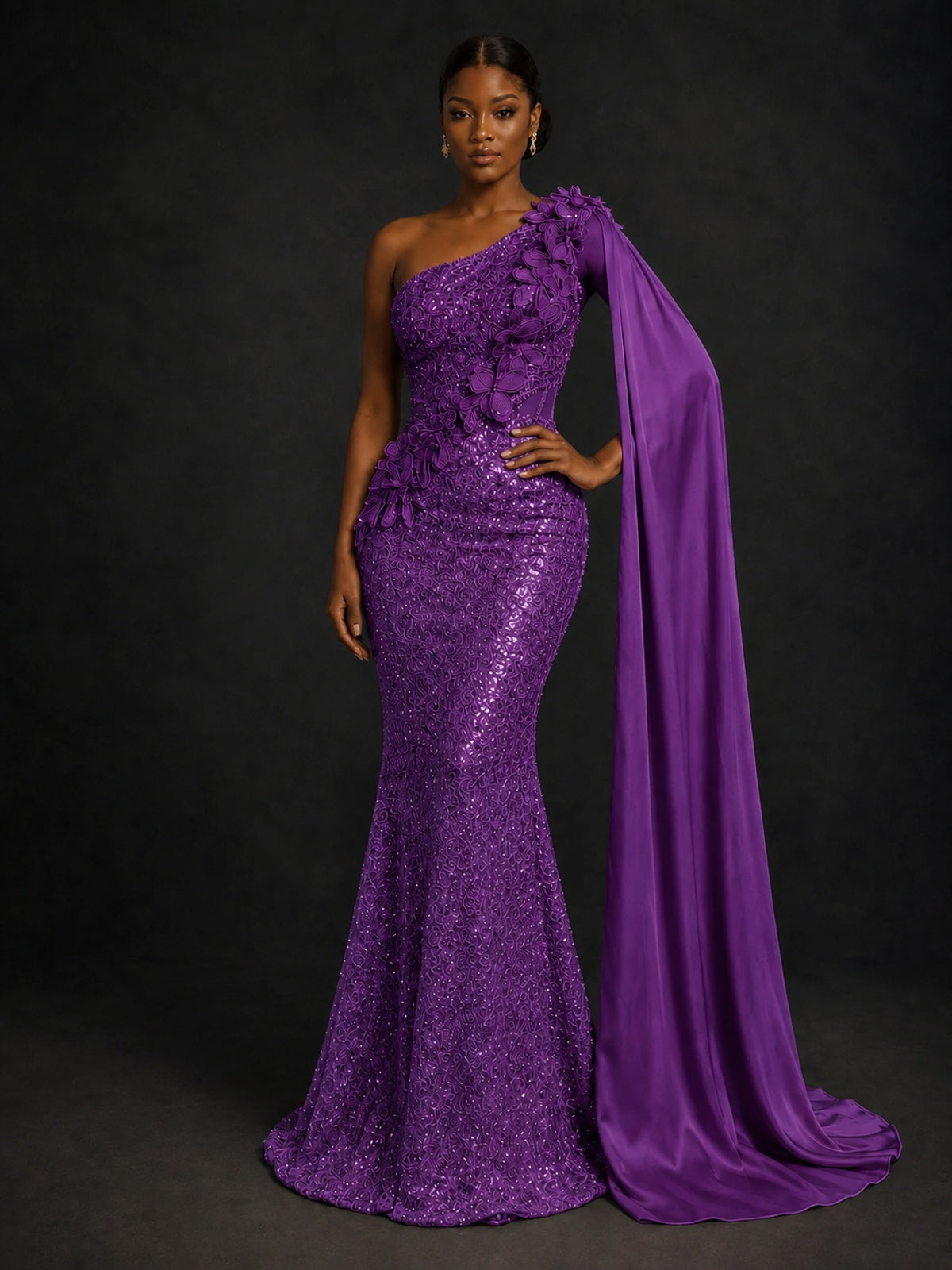 Gold Sequin One Shoulder Mermaid Prom Dress with Cape
