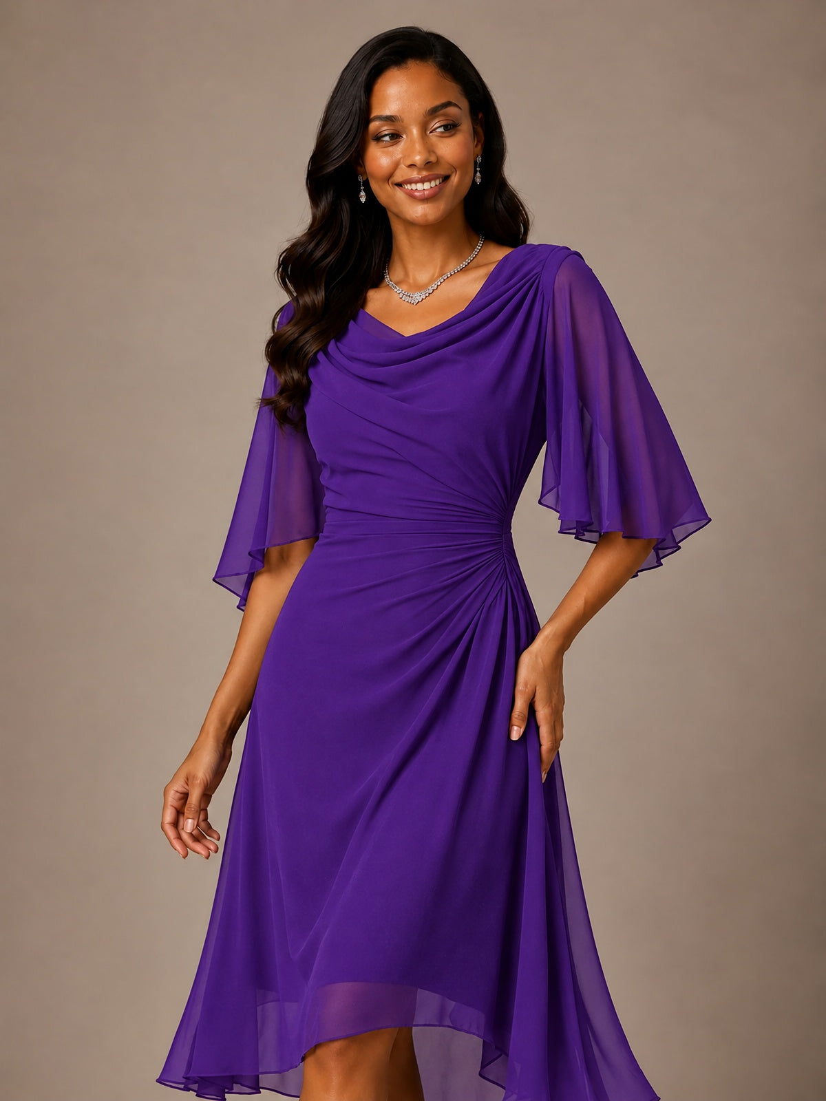 Cowl Neck Ruched Chiffon Mother of the Bride Dresses with Flutter Sleeves