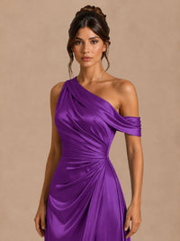 Satin One Shoulder Prom Dress Ruched Long Formal Evening Gown