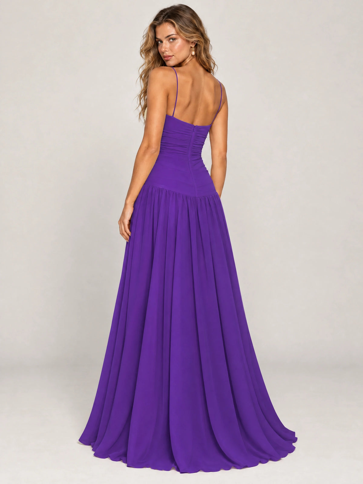 Butter Yellow Ruched Spaghetti Strap Drop-Waist Prom Dress