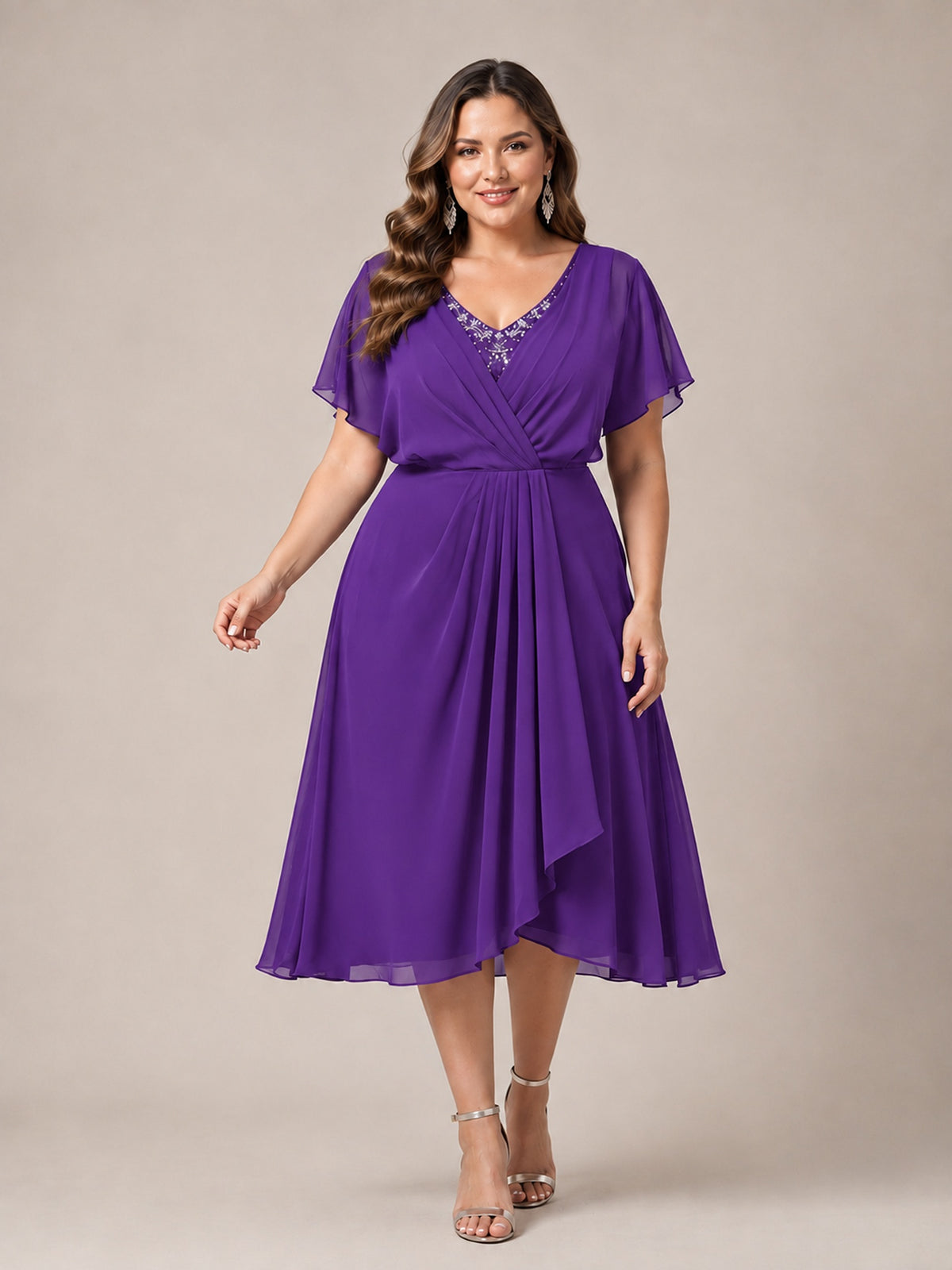 Navy Blue A-Line V-Neck Tea-Length Mother of the Bride Dress
