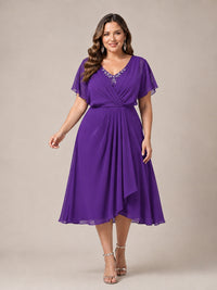 Navy Blue A-Line V-Neck Tea-Length Mother of the Bride Dress