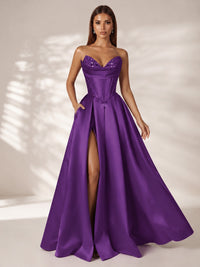 Strapless Corset Satin Prom Dress Long Evening Gown with High Slit