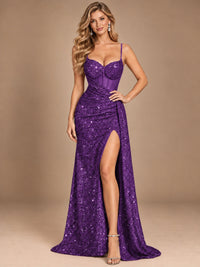 Burgundy Sequin Corset Prom Dress with High Slit