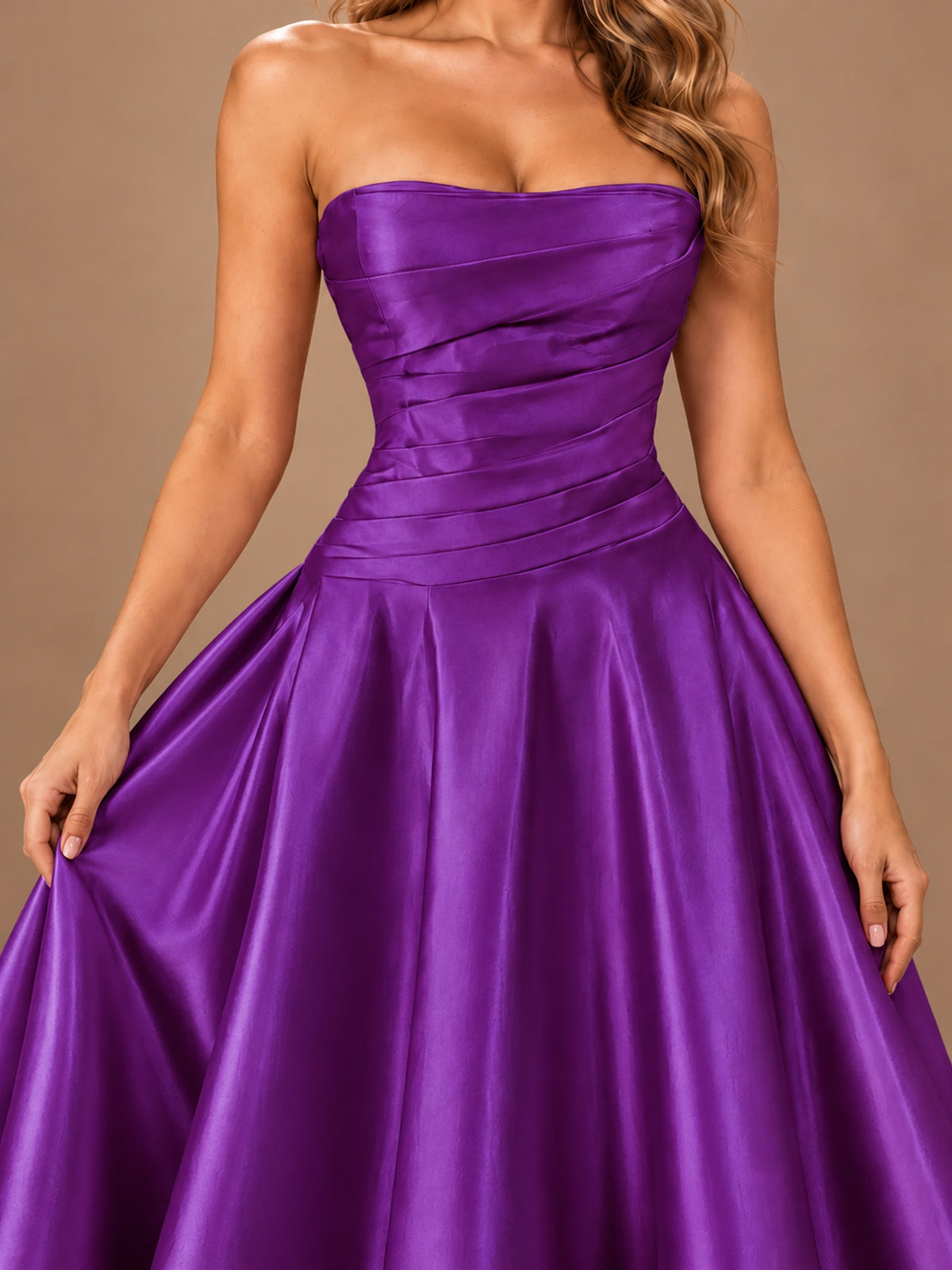 Blush Pink Strapless Satin A-Line Prom Dress with Ruched Bodice