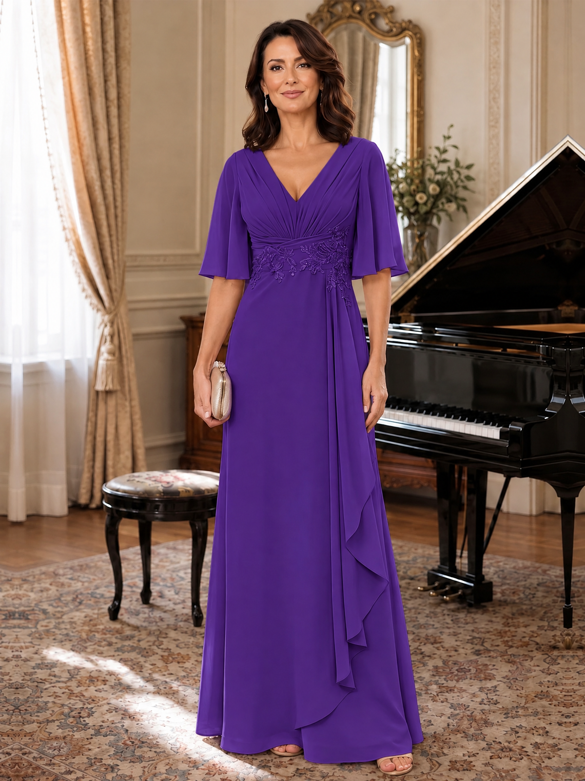 V-Neck Chiffon Lace Mother of the Bride Dresses