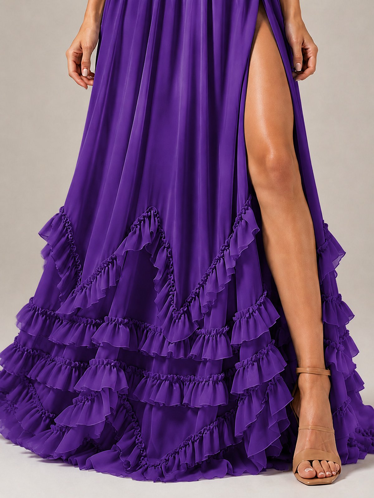 Halter V Neck Chiffon Formal Dress with Lace-Up Back and Ruffle Hem