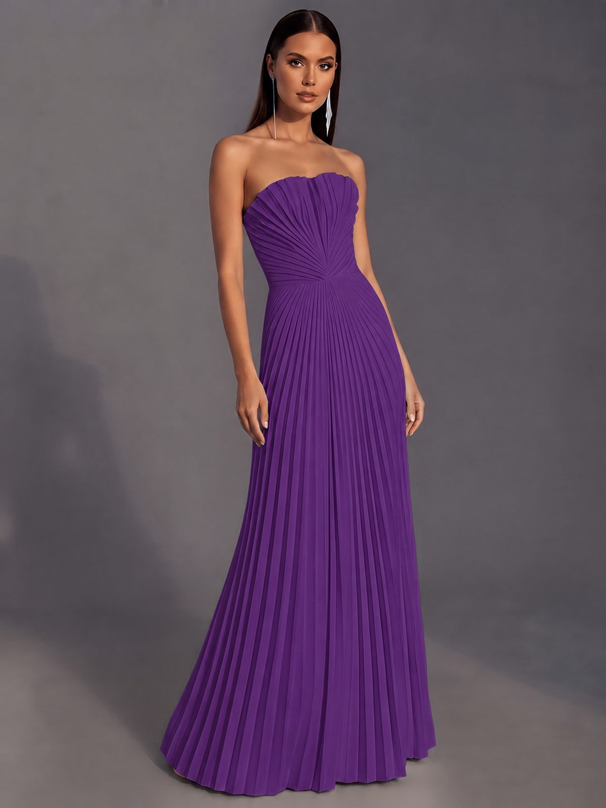 Strapless A-line Long Pleated Satin Prom Dress