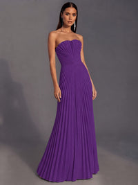 Strapless A-line Long Pleated Satin Prom Dress