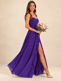 Spaghetti Straps Pleated Chiffon Bridesmaid Dress with Ruffle Slit