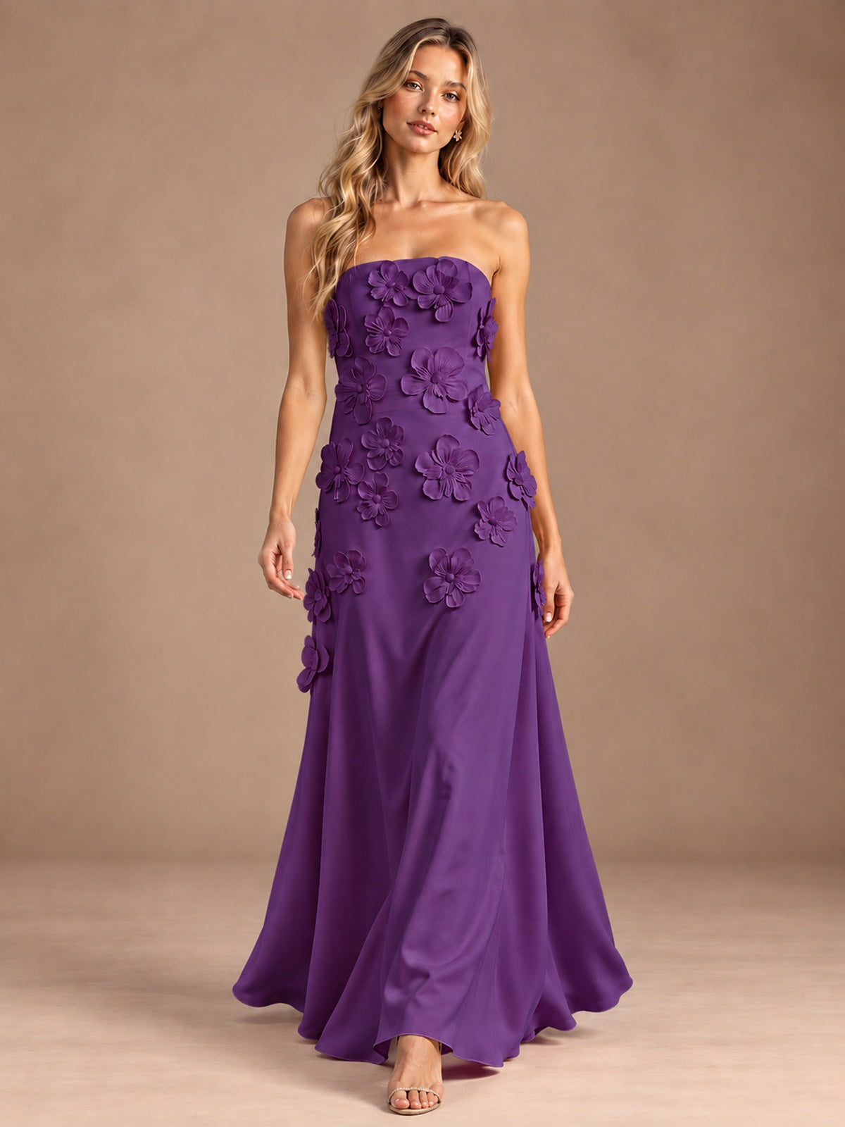 Yellow Strapless A-line Satin Maxi Dress with 3D Floral