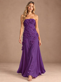 Yellow Strapless A-line Satin Maxi Dress with 3D Floral