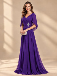 Ruched V Neck Mother of The Bride Dresses with Shawls Appliques and Cap Sleeves