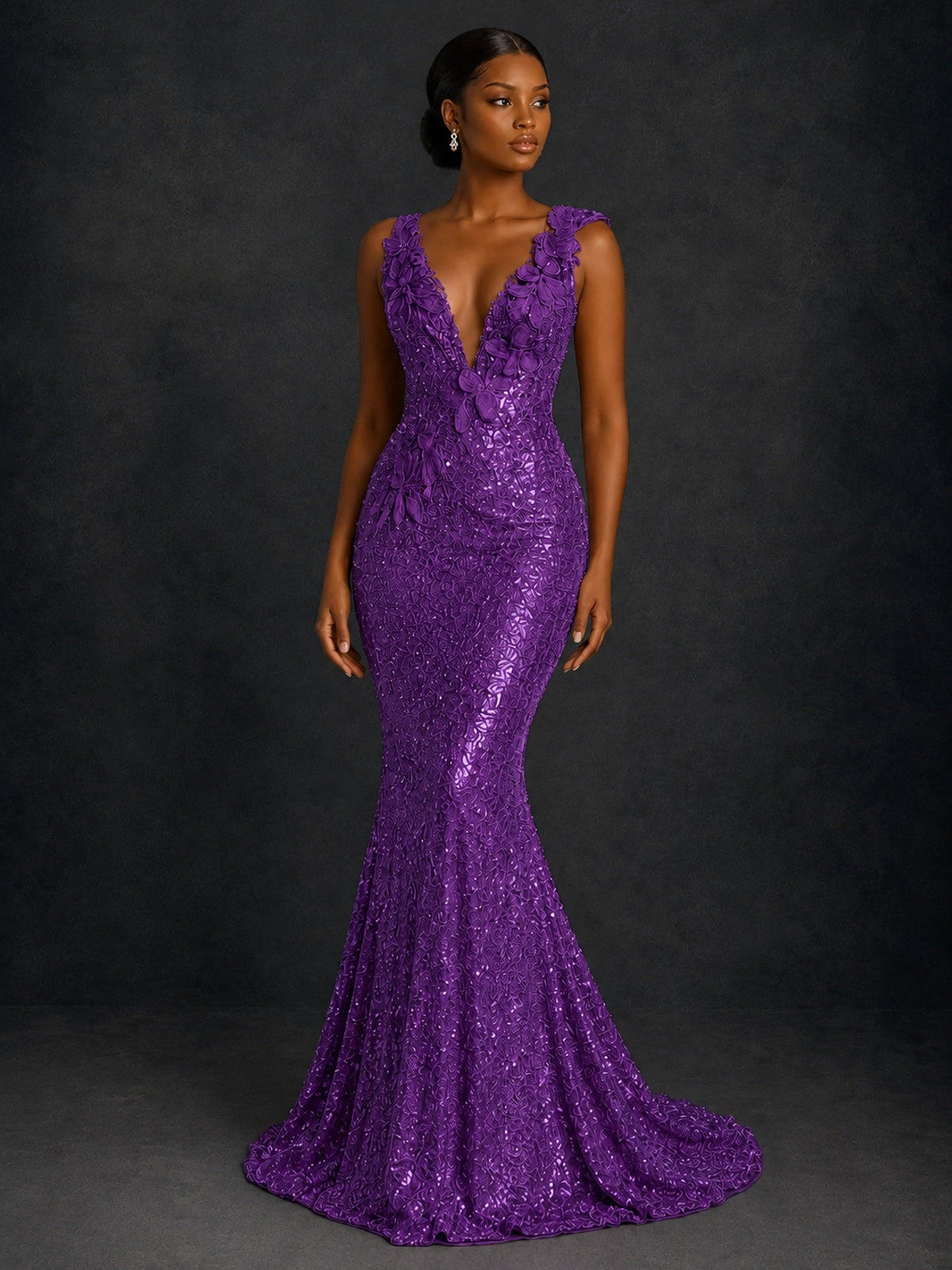 Gold Sequin Floral Applique Mermaid Prom Dress