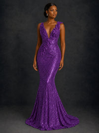 Gold Sequin Floral Applique Mermaid Prom Dress