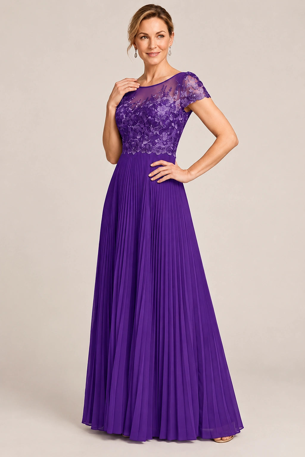 Embroidered Lace Pleated Mother of the Bride Dress