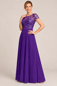 Embroidered Lace Pleated Mother of the Bride Dress