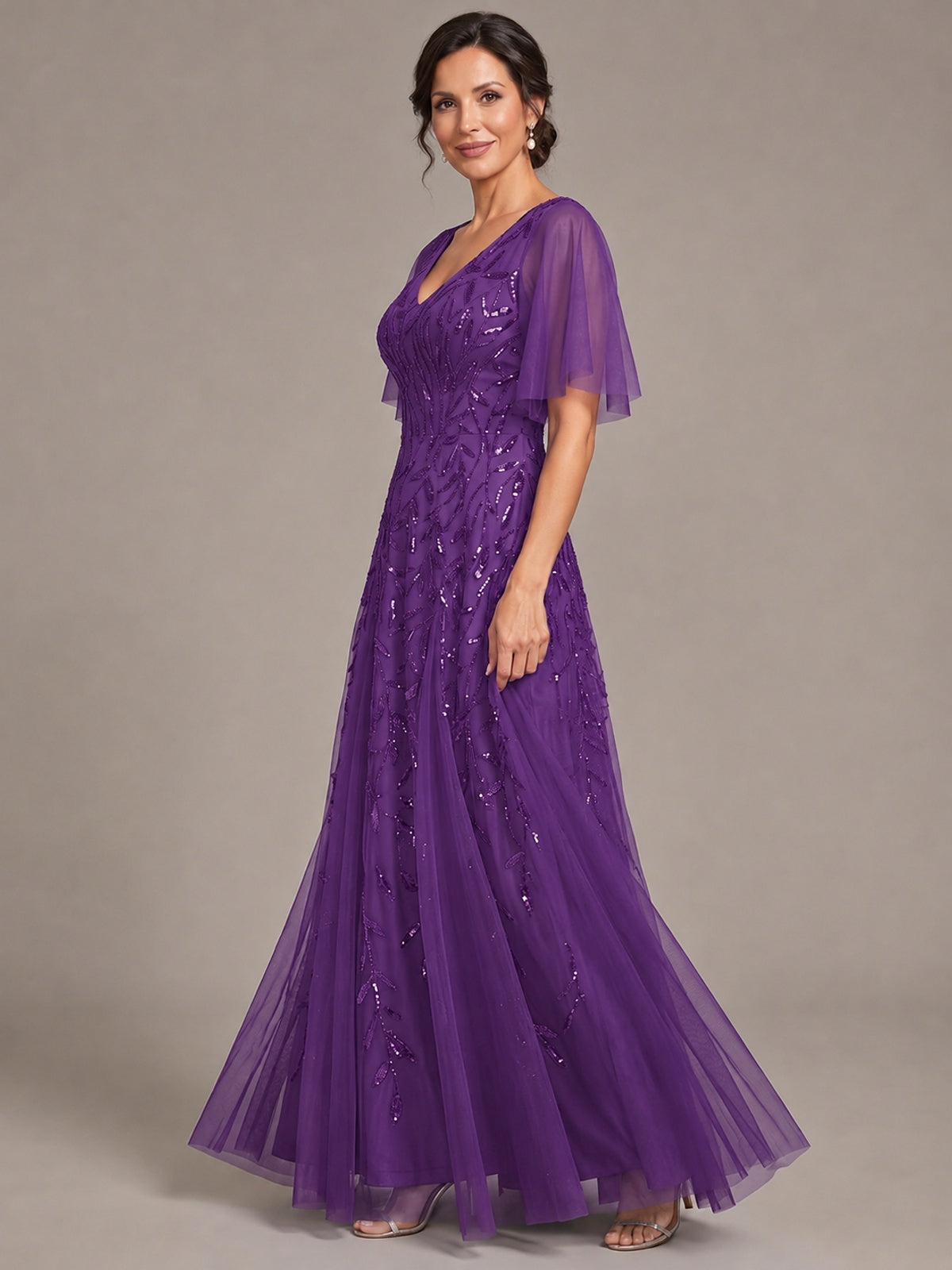 V-Neck Sequin Tulle Mother of the Bride Dress with Flutter Sleeve