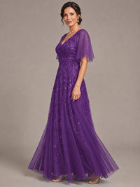 V-Neck Sequin Tulle Mother of the Bride Dress with Flutter Sleeve