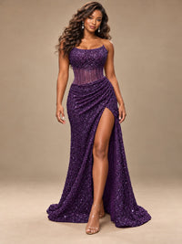 Gold Sequin Strapless Corset Prom Dress with High Slit
