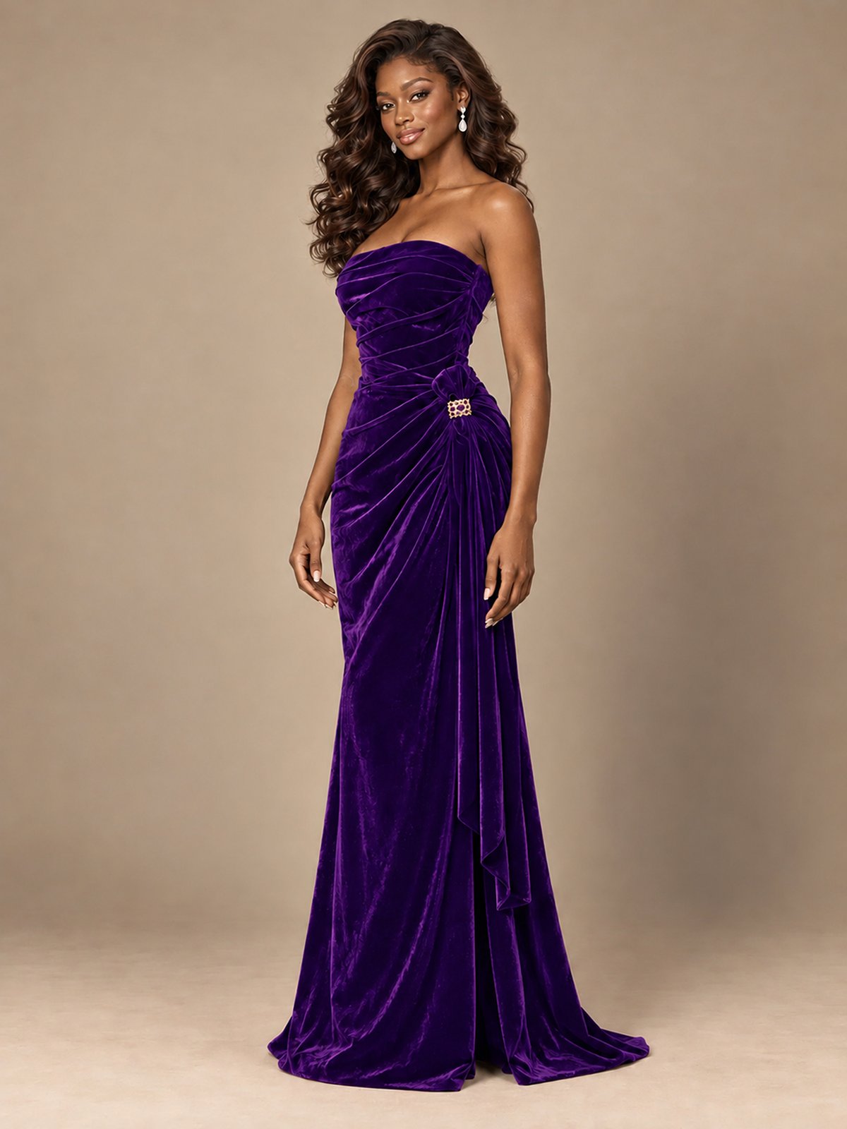 Burgundy Velvet Strapless Ruched Prom Dress with Jeweled Side Drape