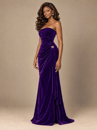 Burgundy Velvet Strapless Ruched Prom Dress with Jeweled Side Drape