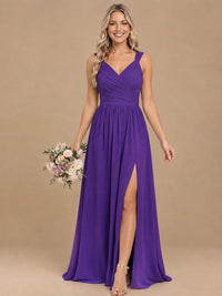 Pleated Chiffon V Neck Wedding Bridesmaid Dresses Floor Length with Slit