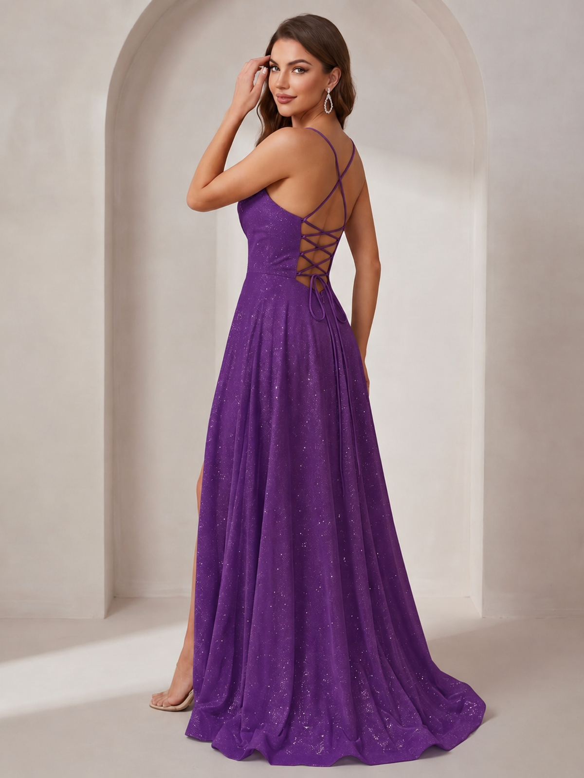Sparkly Cowl Neck Corset Long Prom Dress with Slit A-line Tulle Ball Gown