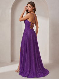 Sparkly Cowl Neck Corset Long Prom Dress with Slit A-line Tulle Ball Gown