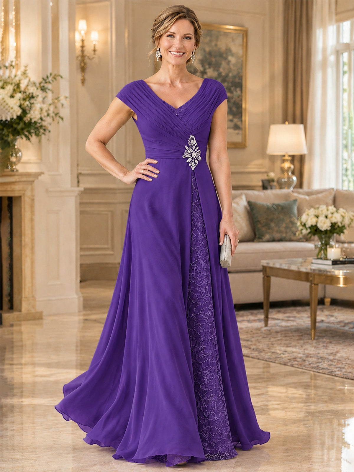 Pleated Chiffon Lace Mother of The Bride Dresses with Beading Cap Sleeves